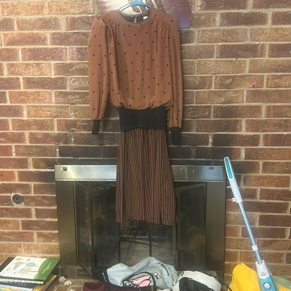 Ami Brown and Black Sheath Dress with Long Bishop Sleeves